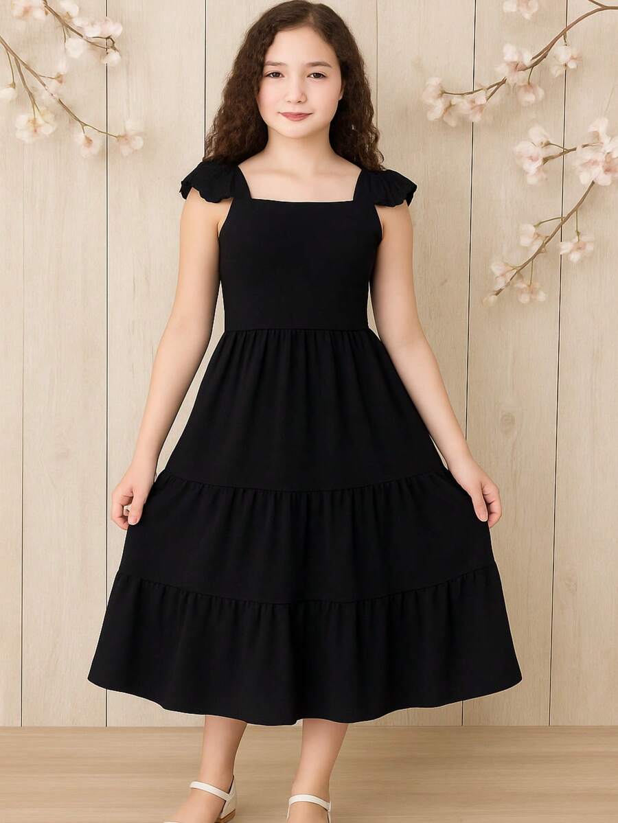 Vestido Infantil e Juvenil Longo 3 Marias Liso Moda Evangélica Para Festas Elegantes Mocinhas Moças Tecido Duna Babado (Vinf434) - Preto - Visão 1
