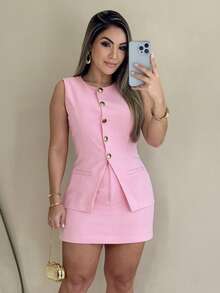 Women's Elegant Tailored Set, Vest, Shorts, Skirt - 淺粉色 - 查看 1