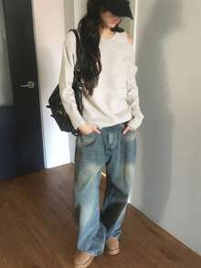 2 件套舒适百搭纯色长袖套头衫 + 纯色背心，2025 年秋冬 - 米色 - 查看 2