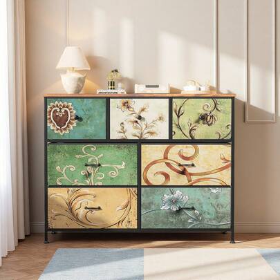  Caluself Cassettiera per camera da letto con 7 cassetti, armadietto con motivo floreale per camera da letto, toletta bohémien con piano in legno e cassetti in tessuto, cassettiera retrò con struttura in metallo, mobiletto portaoggetti, credenza per soggiorno, corridoio, armadio, cassettiera in tessuto con struttura in metallo e torre organizer per toletta da soggiorno