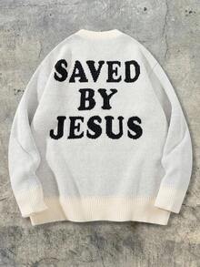 ANDREILEE Men's Casual Loose Solid Color Numeric & English Letter Pattern Pullover Sweater, Versatile For Commuting, Autumn/Winter - Apricot - View 3