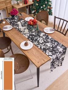 1 buc. Față de masă jacquard cu ciucuri și motive florale negre, față de masă dreptunghiulară în stil vintage american rustic, potrivită pentru zi cu zi, sărbători, reuniuni de familie, nunți, banchete, decorațiuni interioare, consumabile hoteliere de înaltă calitate, ceai de după-amiază - Negru - Vizualizare 19