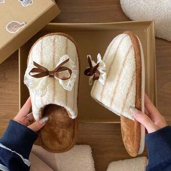 귀여운 리본이 달린 새로운 플러시 슬리퍼, 여성을위한 편안하고 따뜻한 실내 홈 슬리퍼