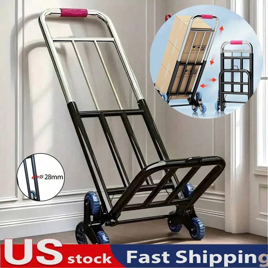 330 LB Heavy Duty Folding Trolley, Trolley Heavy Duty With Rope, Ergonomic Handle And 360° Rotary Wheel(6 Wheels), 28mm Diameter, Telescopic, For Stairs Use | For Weight Lifting, Material Transportation, Sturdy Construction - màu đen - Xem 1