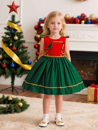 Girls' Christmas Santa Claus & Snowflake Print Princess Dress, Cartoon Graphic Party Costume For Christmas