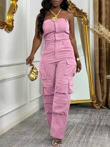 Sweet And Cool Fashion Women's Y2K Style Workwear Jumpsuit, Denim Jumpsuit, Denim Workwear, Mid Waist Non Elastic, Waist Cinching And Hip Lifting, Loose And Slimming, Suitable For All Seasons, Paired With Multi Pocket Design,  And Cool, Suitable For Back To School Season, Hot Girls, Work, Outdoor Work, Outdoor Activities, Travel, Streets, Nightclubs, Parties, Fashion Shows - 粉色 - 查看 7