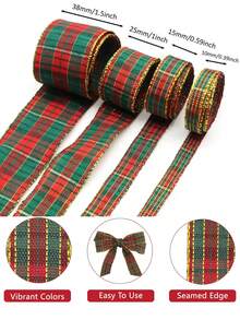 Nastro scozzese a quadri natalizio da 25 iarde per rotolo, con bordo dorato, per artigianato natalizio, confezione regalo, decorazione albero di Natale, bouquet natalizi, decorazione torte, decorazioni natalizie, decorazioni invernali per la casa, regali di Natale, decorazioni natalizie