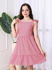 Girls' And Teen Girls' Strappy Dress With Checkered Print, Crepe Fabric, For June And July Festivals, With Ruffled Sleeves, Spring/Summer Style (Vinf430) - Merah - View 2