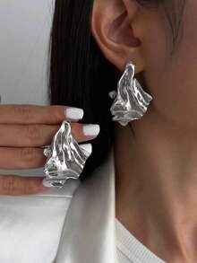 1pair Vintage Asymmetrical Abstract Metal Leaf Drop Earrings, Minimalist Chic Jewelry Gifts For Women, Suitable For Daily, Festival, Party And Banquet Decoration - 銀級 2 - 查看 10