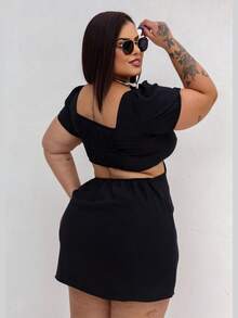VESTIDO DE MANGA PLUS SIZE VERÃO TECIDO SOLTINHO DECOTE FRANZIDO SEXY CONFORTO LOOK VERÃO CURVE G1 E G2 - PRETO DUNA - Visão 4