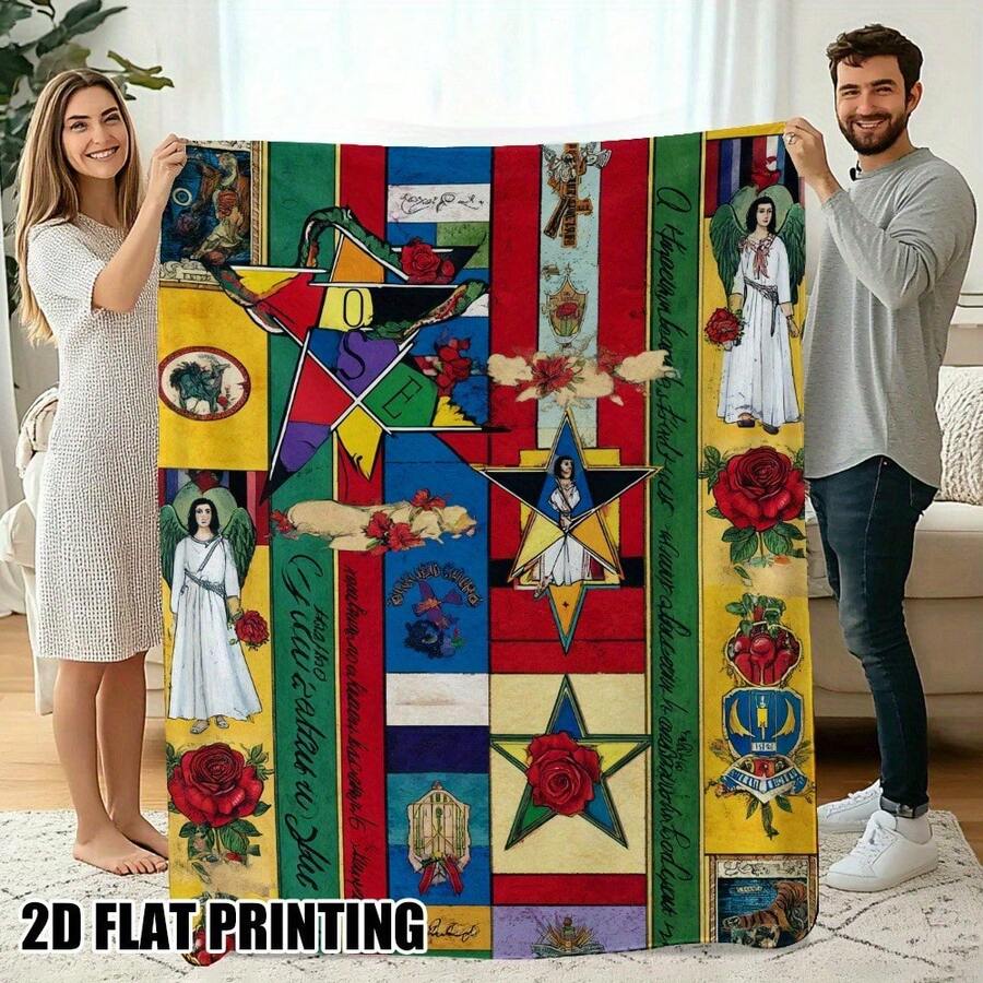 1pc Order Of Eastern Star Printed Flannel Blanket – Cozy And Soft – Ideal For Relaxing At Home, Office, Or Travel, Cozy Throw, Office Comfort, Vintage Design, Stylish Blanket, Warm Flannel, Plush Material, Lightweight Cover, Versatile Blanket, Frequent Travelers, Gift Idea - As the Picture - View 1