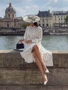 波尔卡圆点系带蝴蝶结泡泡袖轻便连衣裙，腰带，黑白波尔卡圆点，适合派对和婚礼 - 白色 - 查看 6