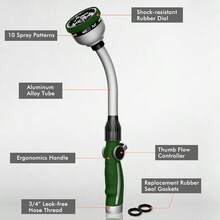 Watering Wand Heavy Duty Metal Garden Hose Wand With 10 Spray Patterns 15Inch Long Hose Nozzle Sprayer With Thumb Flow Control Ideal To Water Hanging Baskets And Shrubs - 綠色 - 查看 2