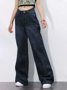 Jeans de pierna recta para mujer - Pantalones vaqueros con bolsillos en diagonal, pantalones vaqueros clásicos versátiles y cómodos para uso diario