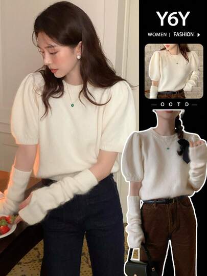 女款白色拼布袖针织毛衣，可爱蓬松设计，秋冬