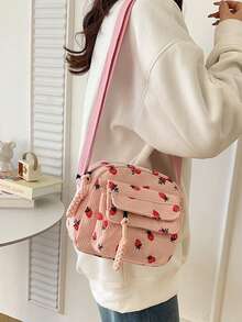 حقيبة صغيرة كورية الطراز من القطيفة الجديدة مع طباعة الفراولة ذات الخطوط الرفيعة، حقيبة هاتف نمطية عصرية للحمل عبر الجسم