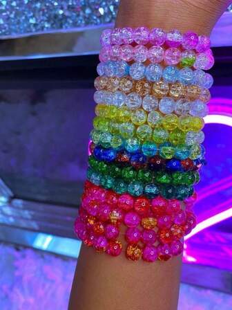 8mm Random Colorful Sparkling Glass Beads Women's Layered Bracelet Set, Birthday Gift For Friends And Couples