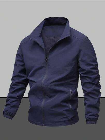 Herrkläder, trendig och mångsidig enfärgad jacka med nedfällbar krage, höst