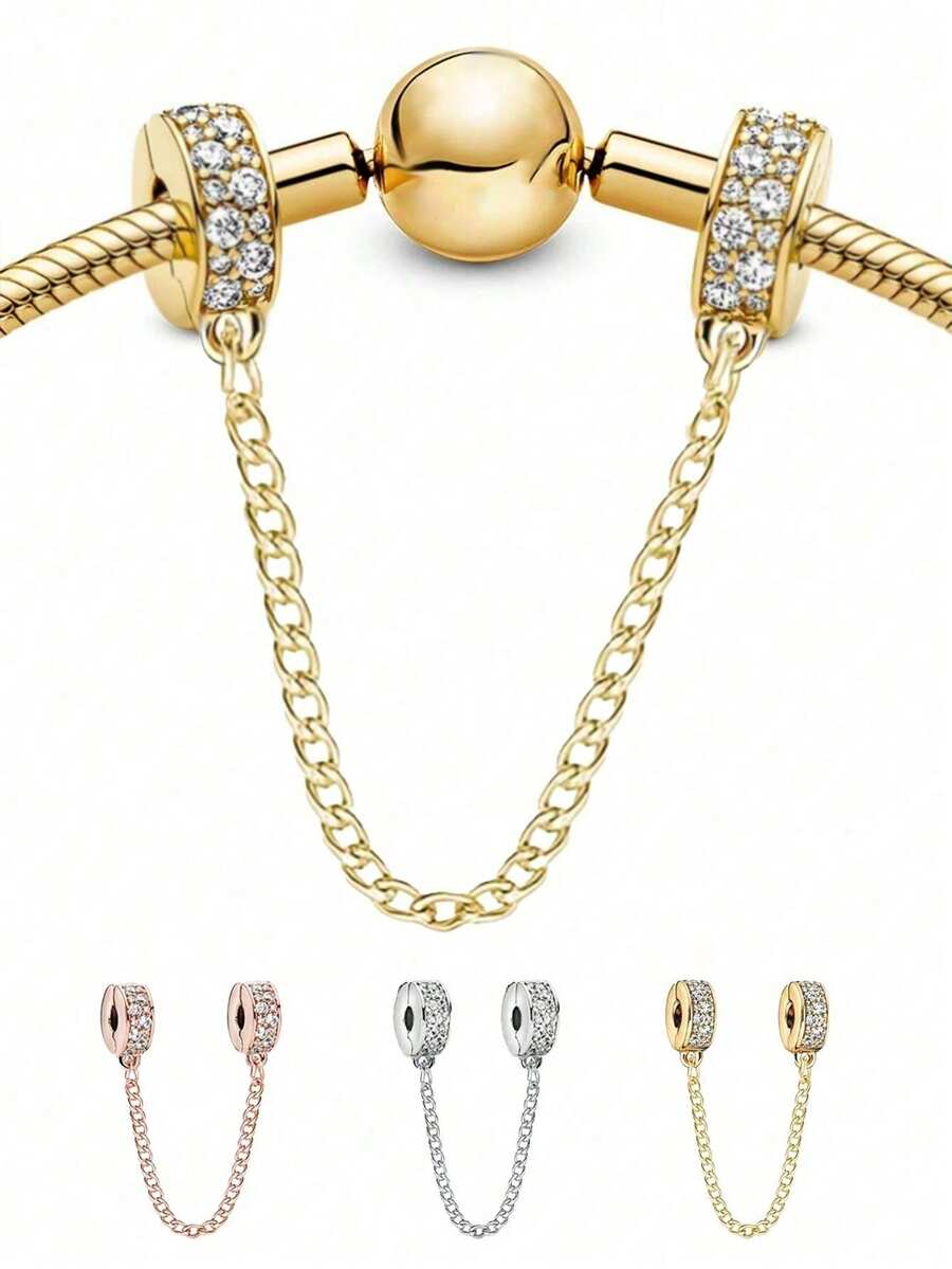 1pc Silver-Plated Copper Safety Chain & Spacer Bead Pendant, With Positioning Rubber Clasp, Safety Chain Stop Bead Pendant, Suitable For European Bracelets - Diamond Buckle - View 1