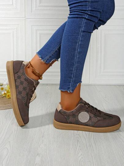 女士系带休闲运动鞋，纯色，平底，户外运动休闲跑步鞋，春秋季