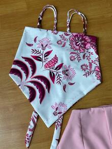 Women's Elegant Sleeveless Blouse With Floral Print And Special Effect, Matching Plain Shorts, Two-Piece Set - Hồng - Xem 2