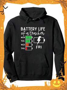 Teacher's Battery Life Humorous Hoodie - Ultra Soft Cotton Blend, Breathable Crew Neck Sweatshirt With Colorful Battery Graphic, Casual Long Sleeve Pullover For Men, Available In S To 2XL,Fall Hoodies,Men's Fall Clothes,Street Wear,Halloween,Mens Hoodies,Y2k Clothes,Jesus Hoodie,Thanksgiving Day,Nightmare Before Christmas,Christmas - 黑色 - 查看 1