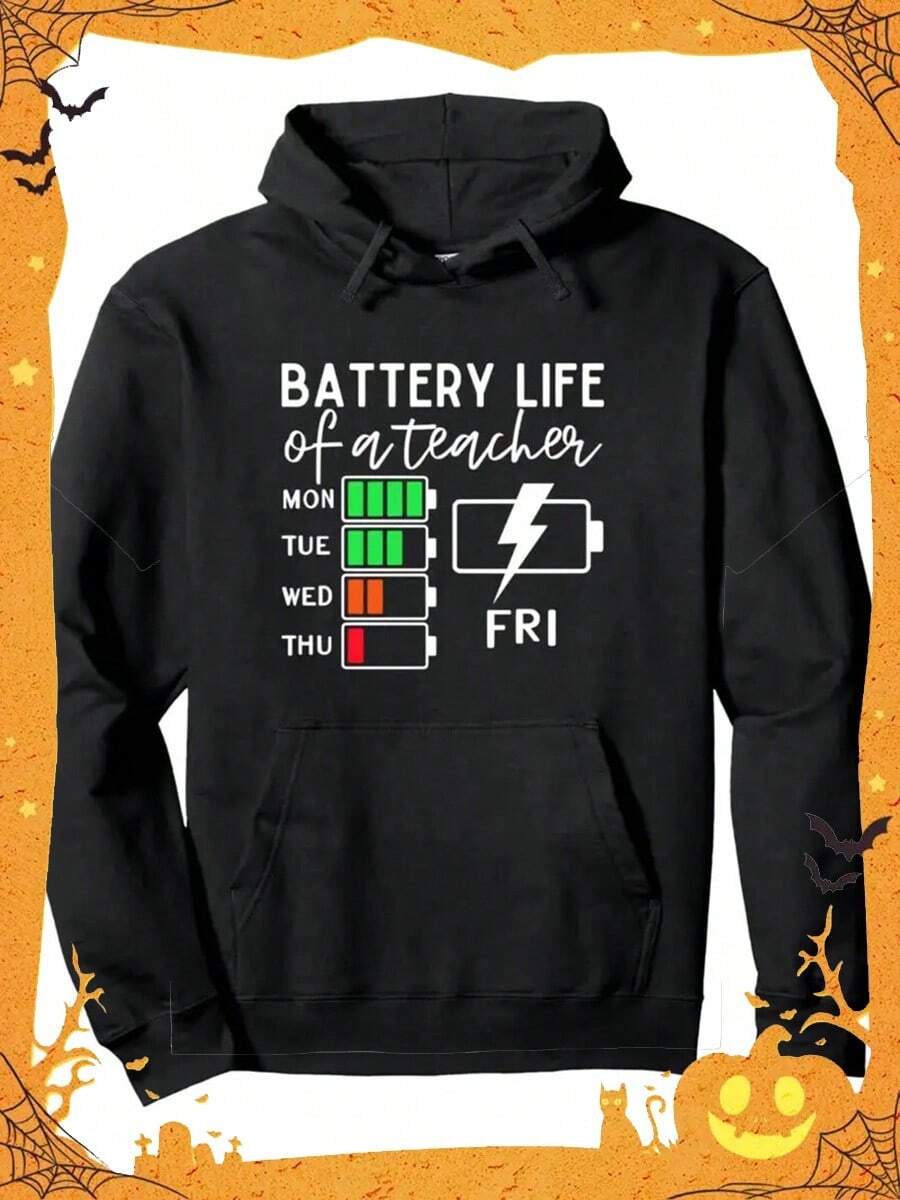 Teacher's Battery Life Humorous Hoodie - Ultra Soft Cotton Blend, Breathable Crew Neck Sweatshirt With Colorful Battery Graphic, Casual Long Sleeve Pullover For Men, Available In S To 2XL,Fall Hoodies,Men's Fall Clothes,Street Wear,Halloween,Mens Hoodies,Y2k Clothes,Jesus Hoodie,Thanksgiving Day,Nightmare Before Christmas,Christmas - 黑色 - 查看 1