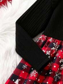 1 件女童圣诞休闲荷叶边袖圆领及膝针织连衣裙，带雪花格子图案，涤纶面料，青年节日装 - 紅色 - 查看 4