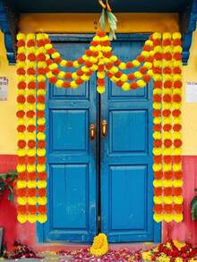 2PCS/3PCS/4PCS/6PCS/8PCS 万寿菊花环用于装饰，5 英尺长红黄色人造万寿菊花串排灯节装饰用于 Pooja、婚礼、家居装饰 - Red Yellow - 查看 5