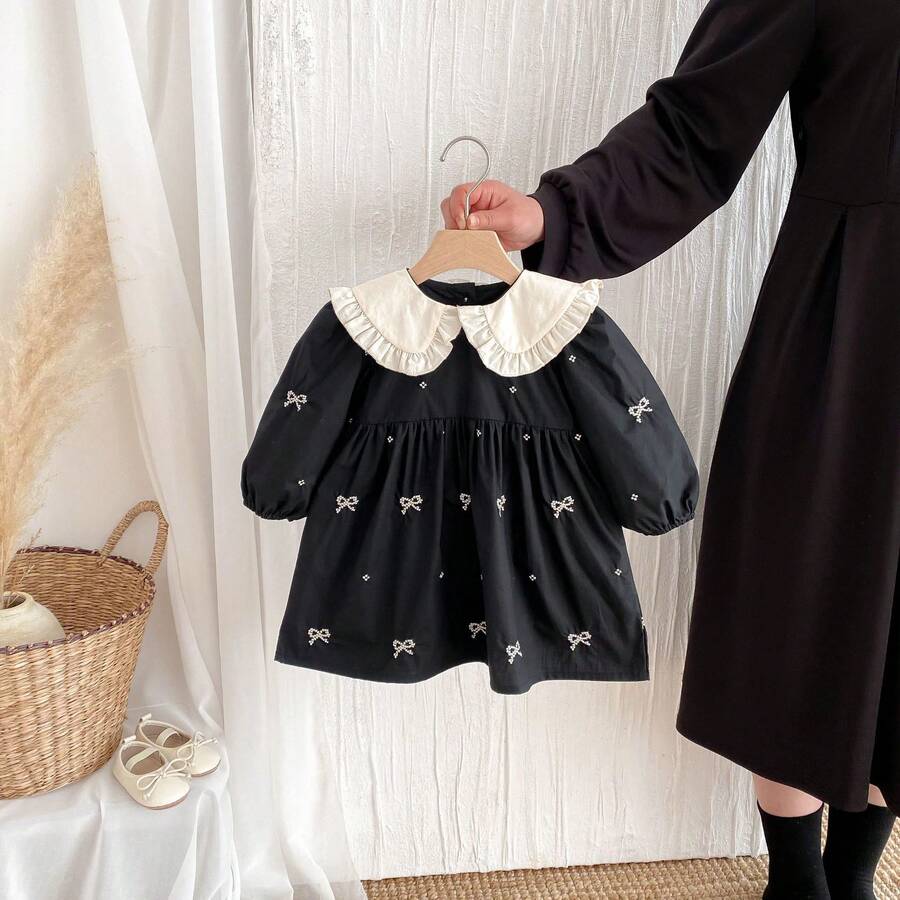 Girls Dress Autumn Lapel Retro Embroidery Baby Girl Princess Spring And Autumn Skirt - 黑色 - 查看 1