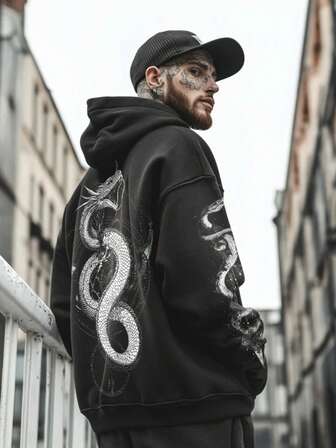 Męska bluza z długim rękawem w stylu gotyckim i punkowym – obszerna bluza w stylu streetwear z nadrukiem czaszki diabła, inspirowana stylem grunge, idealna na jesień i zimę.
