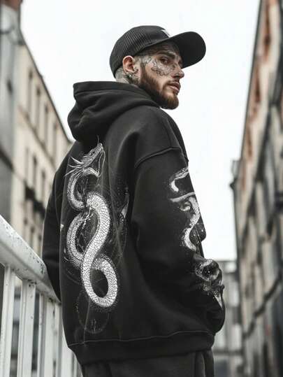 Men's Long Sleeve Dark Gothic Punk Hoodie – Oversized Streetwear Sweatshirt With Devil Skull Print, A Grunge-Inspired Top For Fall And Winter.
