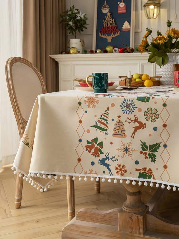 1 ชิ้น ผ้าปูโต๊ะลายลูกบอลสีขาวทอลาย Jacquard คริสต์มาส, สี่เหลี่ยมผืนผ้าสำหรับโต๊ะกาแฟ, โต๊ะรับประทานอาหาร
