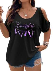 Hairstylist Tools Scissors, Comb, Brush, And Spray Bottle Women Cold Shoulder Tops Summer Short Sleeve Shirt Plus Size - 黑色 - 查看 1