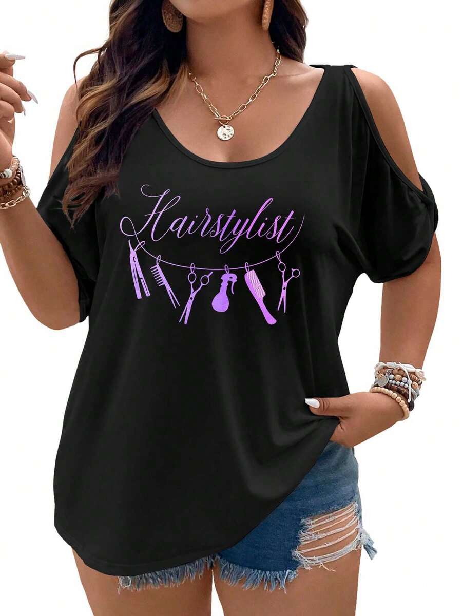 Hairstylist Tools Scissors, Comb, Brush, And Spray Bottle Women Cold Shoulder Tops Summer Short Sleeve Shirt Plus Size - 黑色 - 查看 1