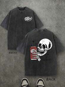 Camiseta de Halloween con calavera de Dr. Pepper, camisa vintage retro lavada con impresión doble cara (camiseta de algodón puro de 230 gramos de peso) Camiseta de esqueleto de Halloween, regalos de Halloween, camisetas para hombres y mujeres, cómoda, camisa de Halloween de moda, camisa de algodón puro de estilo callejero para otoño, talla grande uniforme para hombres y mujeres - Negro - Ver 1