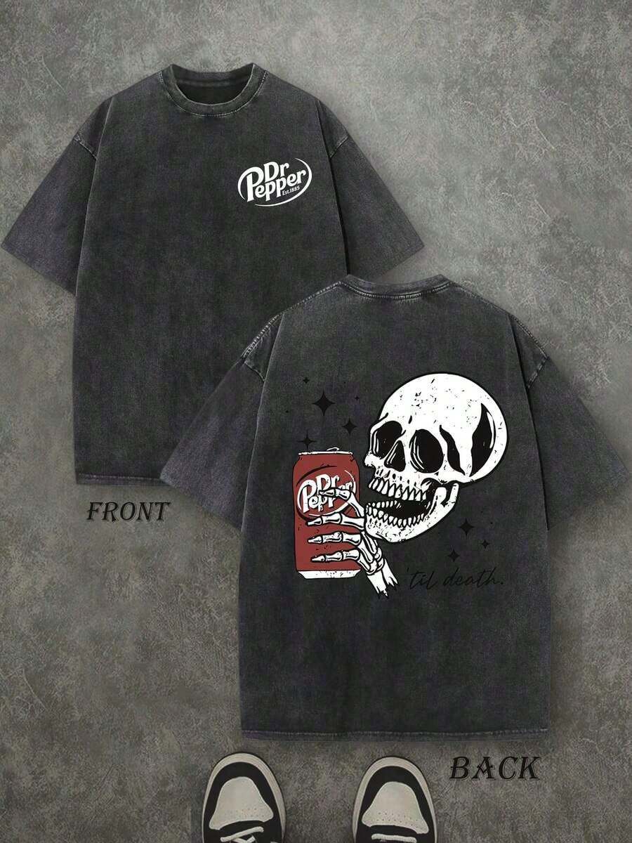 Camiseta de Halloween con calavera de Dr. Pepper, camisa vintage retro lavada con impresión doble cara (camiseta de algodón puro de 230 gramos de peso) Camiseta de esqueleto de Halloween, regalos de Halloween, camisetas para hombres y mujeres, cómoda, camisa de Halloween de moda, camisa de algodón puro de estilo callejero para otoño, talla grande uniforme para hombres y mujeres - Negro - Ver 1