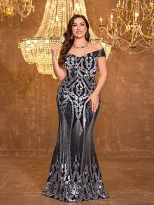 UNITHORSE Plus Size Women Off Shoulder Backless Dress Elegant Evening Party Dress - Silver - View 1