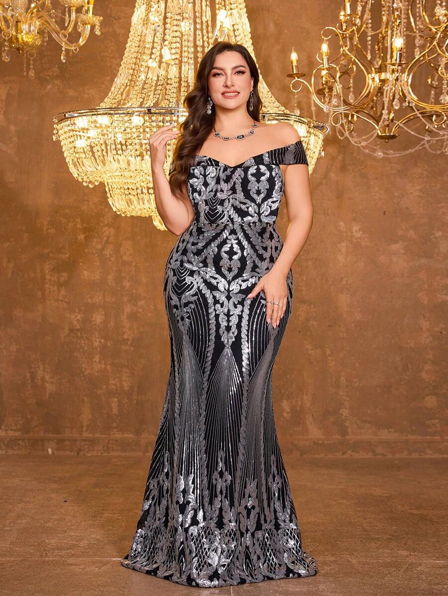UNITHORSE Plus Size Women Off Shoulder Backless Dress Elegant Evening Party Dress - Silver - View 1