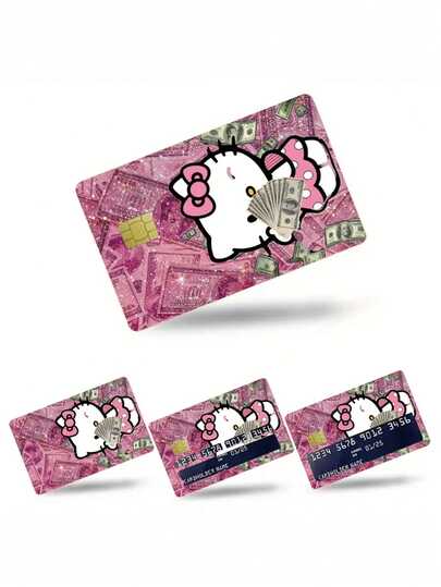 4pcs Pink Hello Kitty Credit Card Stickers, Suitable For 3.35*2.13 Inch Bank Cards With Chip, DIY Stickers, Cutting & Stamping Supplies, Self-Adhesive Transparent Film For Public Transport Cards, Student ID Cards, Etc. Includes Kuromi, Cinnamoroll And Pompompurin Designs, Waterproof PVC Stickers Perfect For Debit/Credit Card Skins.