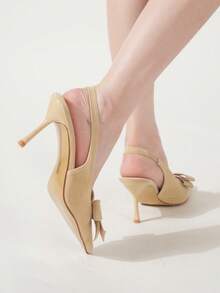 1. Stiletto minimalist pentru femei, cu vârful ascuțit, cu decor de fundă, culoare nud, sandale sexy la modă, albastre, cu toc înalt, potrivite pentru vară, în aer liber, petreceri și sărbători.