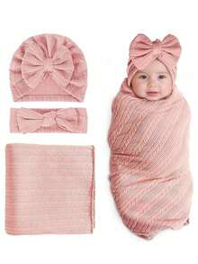 3pcs/Set 1-6 Months Infant Swaddle Blanket Set, Autumn/Winter, Newborn Baby Jacquard Knit Swaddle Wrap, Butterfly Headband Hat