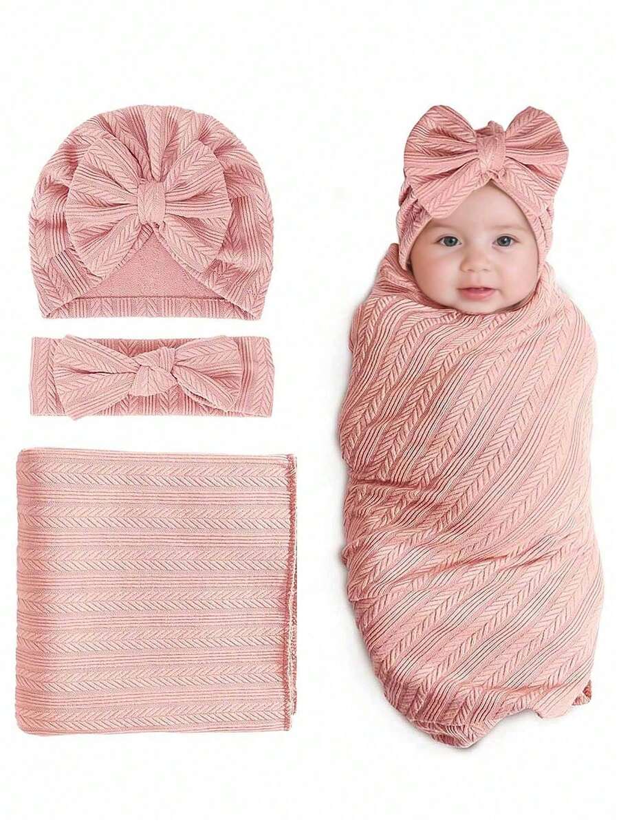 3pcs/Set 1-6 Months Infant Swaddle Blanket Set, Autumn/Winter, Newborn Baby Jacquard Knit Swaddle Wrap, Butterfly Headband Hat