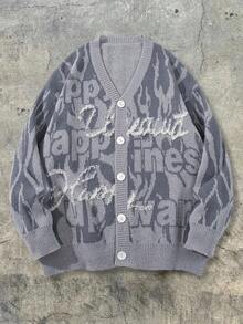 Men's Casual Loose Fit V-Neck Letter Print Long Sleeve Sweater, Versatile Street Style American Design, Suitable For Spring, Autumn, Winter