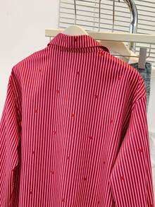 Women's Heart Print Polo Collar Striped Shirt - Casual Button Down Long Sleeve Blouse, Suitable For Spring, Summer, Autumn Daily Wear - Burgundy - View 7
