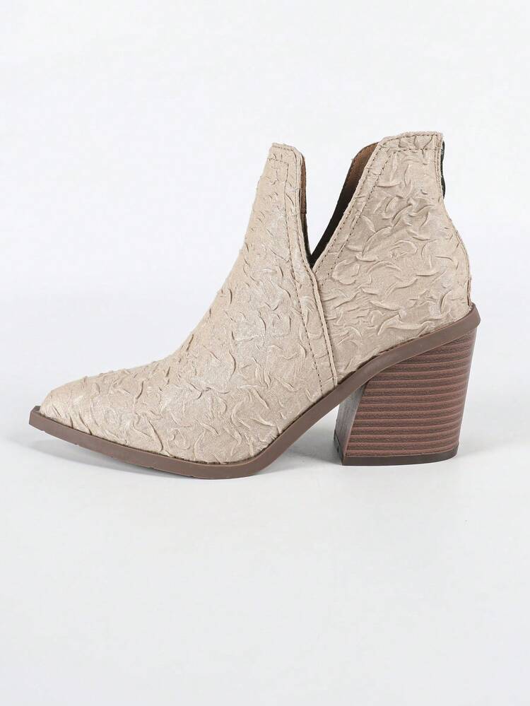 2024新款法式踝靴女款，英伦风秋冬新款粗跟尖头西部靴，后拉链设计 - 杏色 - 查看 11