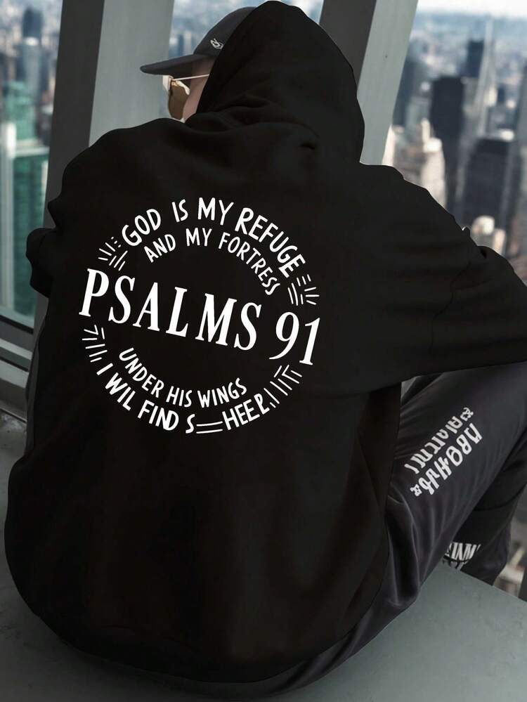 Men's "Psalms 91 God Is My Refuge" Christian Graphic Oversized Hoodie, Black Casual Faith Print Pullover For Streetwear - 黑色 - 查看 1