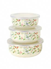 3pcs Enamel Food Storage Bowls, 12/14/16 Containers, Patterned Design Stylish With Lids, Multi-Functional Airtight Storage Containers, Serving Bowls For Soup, Salad, Lunch Box, Freezer , Suitable For Home Kitchen, Office, School, Outdoor Camping