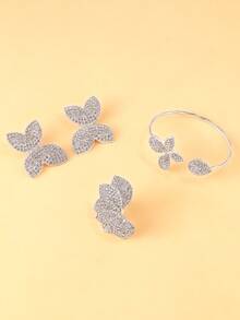 4pcs/Set European & American Fashion New Fully Rhinestone Flower & Leaf Open Cuff Bracelet, Ring, Earrings Jewelry Set For Women, Bride, Wedding, Party, Gift