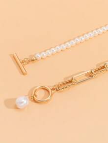 1pc Fashion Long Beaded Chain Necklace, Multilayer Vintage Pearl Clasp Necklace For Women, Suitable For Casual, Dates, Vacation, Weddings, Holidays - Chain Order & Pearl Shape Random - Gold - View 3